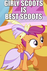 Size: 500x750 | Tagged: safe, screencap, scootaloo, dragonfly, make new friends but keep discord, caption, clothes, cute, dress, feather, gala dress, happy, image macro, open mouth, raised hoof, solo