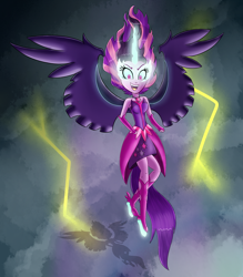 Size: 1400x1600 | Tagged: safe, artist:mlp-firefox5013, midnight sparkle, sci-twi, twilight sparkle, equestria girls, friendship games, clothes, dress, fingerless gloves, gloves, horn, lightning, open mouth, shadow, solo, wings