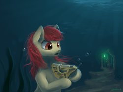 Size: 1024x768 | Tagged: safe, artist:chickhawk96, apple bloom, atmospheric, bionicle, crossover, kalmah, kanohi ignika, lego, mahri nui, mask of life, ominous, solo, underwater