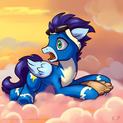 Size: 1500x1500 | Tagged: safe, artist:kp-shadowsquirrel, soarin', cloud, cloudy, gasp, goggles, looking back, open mouth, pie, prone, solo, that pony sure does love pies, wonderbolts uniform