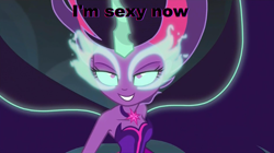 Size: 1080x606 | Tagged: safe, edit, edited screencap, screencap, midnight sparkle, sci-twi, twilight sparkle, friendship is witchcraft, equestria girls, friendship games, bedroom eyes, caption, glowing eyes, image macro, meme, midnight sparkle's lines, sexy