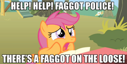 Size: 500x253 | Tagged: safe, screencap, scootaloo, faggot police, image macro, meme, op is a faggot, piano, slur, solo, vulgar