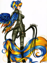 Size: 2491x3300 | Tagged: safe, artist:divinekitten, oc, oc only, oc:chloe, human, cat o' ninetails, eared humanization, humanized, humanized oc, solo, tailed humanization, traditional art, whip, winged humanization