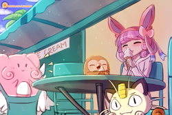 Size: 1125x750 | Tagged: safe, artist:lumineko, sweetie belle, human, blissey, crossover, cute, diasweetes, food, humanized, ice cream, meowth, patreon, patreon logo, pokémon, rowlet, sylveon