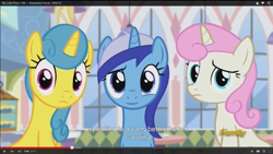 Size: 1366x768 | Tagged: safe, screencap, lemon hearts, minuette, twinkleshine, amending fences, discovery family logo, meme, youtube, youtube caption