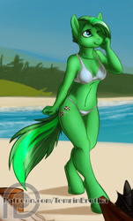 Size: 301x500 | Tagged: safe, artist:temrin, edit, oc, oc only, oc:jade aurora, anthro, earth pony, unguligrade anthro, beach, belly button, bikini, checkered flag, clothes, cropped, female, midriff, patreon, solo, swimsuit