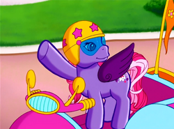 Size: 700x518 | Tagged: safe, screencap, starsong, g3, helmet, looking back, meet the ponies, scootaloo's outdoor play party, smiling, solo, waving, win