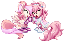 Size: 2674x1750 | Tagged: safe, artist:centchi, oc, oc only, oc:cuddle bug, oc:pompom merengue, earth pony, pegasus, pony, clothes, eyes closed, socks, spread wings, striped socks, wings