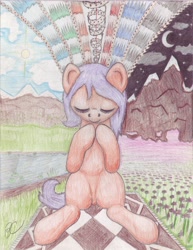 Size: 5102x6599 | Tagged: safe, artist:bluepianta, scootaloo, absurd resolution, carpet, eyes closed, flower, grass, moon, mountain, pond, solo, sun, traditional art