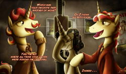 Size: 1250x736 | Tagged: safe, artist:jamescorck, flam, flim, oc, oc:movie slate, facehoof, flim flam brothers, the sting