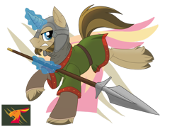 Size: 800x582 | Tagged: safe, artist:itstaylor-made, oc, oc only, oc:guilder, armor, facial hair, magic, magic aura, scar, simple background, spear, transparent background, unshorn fetlocks