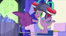 Size: 1278x712 | Tagged: safe, screencap, spike, dragon, the cutie map, cutie map, drinking hat, gem helmet, hat, helmet, meme, youtube caption