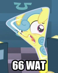 Size: 422x537 | Tagged: safe, screencap, lemon hearts, amending fences, 65 wat, erlenmeyer flask, faic, flaskhead hearts, horrified, meme, reaction image, solo, wat, younger