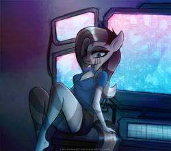 Size: 950x841 | Tagged: safe, artist:crutonart, oc, oc only, oc:zuri, anthro, zebra, anthro oc, bedroom eyes, clothes, computer, lip bite, looking at you, shorts, sitting, smiling, solo