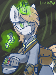 Size: 1600x2133 | Tagged: safe, artist:dracojayproduct, oc, oc only, oc:littlepip, pony, unicorn, fallout equestria, clothes, fanfic, fanfic art, female, glowing horn, gun, handgun, little macintosh, magic, mare, pipbuck, revolver, solo, telekinesis, vault suit, weapon