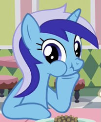 Size: 443x536 | Tagged: safe, screencap, minuette, amending fences, cute, eating, looking at you, puffy cheeks, scrunchy face