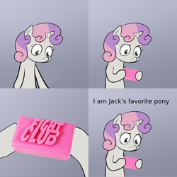 Size: 2000x2000 | Tagged: safe, sweetie belle, pony, unicorn, bipedal, exploitable meme, female, fight club, filly, gradient background, hoof hold, horn, letter, meme, paper, soap, solo, sweetie's note meme, two toned hair, white coat