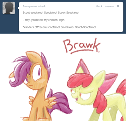 Size: 650x624 | Tagged: safe, apple bloom, scootaloo, ask, scootachicken, tumblr