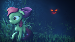 Size: 3000x1687 | Tagged: safe, artist:flutterdaz, apple bloom, bloom and gloom, 3d, dark, evil face, glow, grass, plant, scared, shadow bloom, source filmmaker