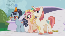 Size: 848x475 | Tagged: safe, edit, edited screencap, screencap, booksmart, honey lemon, moondancer's sister, morning roast, pony, unicorn, amending fences, discovery family logo, female, librarian, male, mare, raised hoof, recolor, smiling, stallion, trio