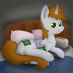 Size: 1280x1280 | Tagged: safe, artist:flufgun, oc, oc only, oc:littlepip, pony, unicorn, fallout equestria, bed, fanfic, fanfic art, female, horn, mare, pipbuck, smug, solo, toaster repair pony