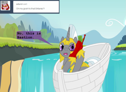 Size: 847x621 | Tagged: safe, artist:hakar-kerarmor, oc, oc only, oc:bastion, ask four inept guardponies, big pink loser, boat, oblivious, phone, royal guard, solo, spongebob squarepants, waterfall