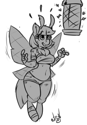 Size: 842x1200 | Tagged: safe, artist:atryl, oc, oc only, oc:shatterfly, anthro, mothpony, original species, unguligrade anthro, bandage, belly button, breasts, bug zapper, bugs doing bug things, female, grayscale, it's a trap, lamp, midriff, monochrome, sketch, solo, this will end in pain, this will end in tears and/or death