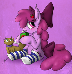 Size: 3694x3806 | Tagged: safe, artist:jorobro, berry punch, berryshine, cat, belly button, blushing, clothes, juice box, socks, solo, striped socks