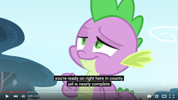 Size: 854x480 | Tagged: safe, screencap, spike, dragon, inspiration manifestation, jail, meme, solo, youtube caption