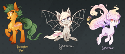 Size: 1069x462 | Tagged: safe, artist:tsurime, oc, oc only, oc:gossamer, oc:pumpkin peril, oc:whisper, bat pony, earth pony, original species, pegasus, pony, adoptable, female, halloween, mare