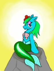 Size: 960x1280 | Tagged: safe, artist:dashingjack, oc, oc only, oc:brainstorm, mermaid, merpony, blushing, crossdressing, embarrassed, hibiscus, male, merman, midriff, seashell, trap