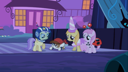 Size: 1366x768 | Tagged: safe, screencap, alula, noi, pipsqueak, piña colada, pluto, earth pony, pony, luna eclipsed, applecore, clothes, colt, costume, male, nightmare night, nightmare night costume, pirate costume