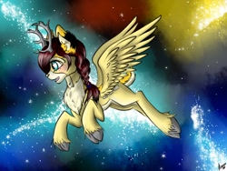 Size: 1600x1200 | Tagged: safe, artist:stirren, oc, oc only, oc:alla, deer, pegasus, pony, flying, non-pony oc, present, space