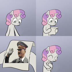 Size: 960x960 | Tagged: safe, sweetie belle, human, pony, unicorn, adolf hitler, bipedal, blushing, exploitable meme, eyes closed, female, filly, gradient background, hoof hold, horn, hug, letter, meme, paper, picture, raised eyebrow, smiling, solo, sweetie's note meme, two toned hair, white coat, wide eyes