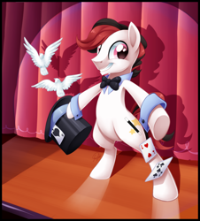 Size: 2040x2256 | Tagged: safe, artist:centchi, oc, oc only, oc:hocus pocus, bird, earth pony, pony, card, solo, stage