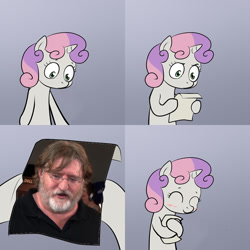 Size: 960x960 | Tagged: safe, sweetie belle, pony, unicorn, bipedal, exploitable meme, female, filly, gabe newell, gradient background, hoof hold, horn, letter, meme, paper, solo, sweetie's note meme, two toned hair, white coat