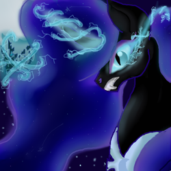 Size: 499x498 | Tagged: safe, artist:jashinist112, nightmare moon, fangs, magic, missing accessory, moon, solo