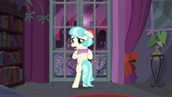 Size: 1920x1080 | Tagged: safe, screencap, coco pommel, earth pony, pony, made in manehattan, bookshelf, coco's apartment, curtains, female, mare, potted plant, solo