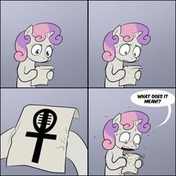 Size: 1280x1280 | Tagged: safe, sweetie belle, pony, unicorn, ace of base, bipedal, comic, dialogue, exploitable meme, female, filly, gradient background, hoof hold, horn, letter, meme, paper, solo, speech bubble, sweetie's note meme, two toned hair, two toned mane, white coat
