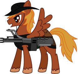 Size: 2260x2171 | Tagged: safe, artist:brisineo, oc, oc only, oc:calamity, pegasus, pony, fallout equestria, battle saddle, fanfic, fanfic art, gun, hat, male, rifle, simple background, smiling, solo, stallion, transparent background, vector, weapon, wings