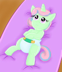 Size: 697x813 | Tagged: safe, artist:sweetmomopuffs, oc, oc only, oc:powder fluff, diaper, foal, solo