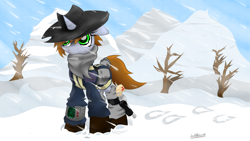 Size: 1600x900 | Tagged: safe, artist:jetwave, oc, oc only, oc:littlepip, pony, unicorn, fallout equestria, clothes, cowboy hat, fanfic, fanfic art, female, floppy ears, gun, handgun, hat, holster, hoofprints, hooves, horn, little macintosh, mare, optical sight, pipbuck, revolver, saddle bag, snow, solo, tree, vault suit, weapon, winter