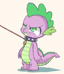 Size: 600x694 | Tagged: safe, artist:susu, spike, dragon, collar, dog collar, dragon dog spike, heart, leash, pet, pet tag, solo, spike is not amused, spiked collar, unamused