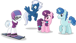 Size: 5372x3071 | Tagged: safe, artist:vector-brony, double diamond, night glider, party favor, sugar belle, the cutie map, absurd resolution, clothes, equal four, floating, goggles, group, helmet, inkscape, looking at each other, raised hoof, scarf, signature, simple background, skis, transparent background, vector