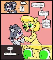 Size: 640x720 | Tagged: safe, artist:ficficponyfic, rumble, oc, oc:golden brisk, alternate hairstyle, ask, ask golden brisk, ask trap-rumble, choker, comic, cute, dialogue, eyelashes, foal, male, sweat, trap, tumblr