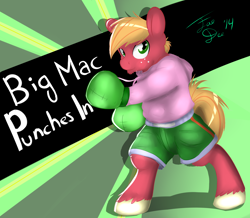 Size: 2000x1747 | Tagged: safe, artist:farewelldecency, big macintosh, earth pony, pony, clothes, hoodie, little mac (punch out), male, middle mac, namesake, pun, punch out, shorts, solo, stallion, super smash bros.