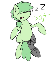 Size: 2500x3000 | Tagged: safe, artist:emby-spark, oc, oc only, oc:lithium flower, drool, female, greentext, high res, prosthetic limb, prosthetics, sleeping, solo, text