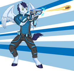 Size: 1381x1327 | Tagged: safe, artist:flameydragwasp, soarin', anthro, unguligrade anthro, crossover, gun, male, matt hill, slugterra, solo, spread wings, unshorn fetlocks, voice actor joke