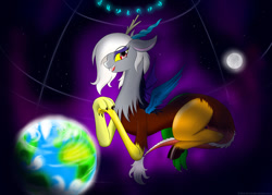 Size: 1057x755 | Tagged: safe, artist:bludraconoid, discord, eris, earth, moon, rule 63, solo