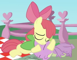 Size: 522x408 | Tagged: safe, artist:toucanldm, apple bloom, spike, dragon, batman meets my little pony, female, hug, male, picnic blanket, shipping, spikebloom, spikelove, straight, youtube link